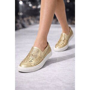 Tory Burch Gold Metallic Woven Leather Slip On Sneakers Loafers Women 9.5